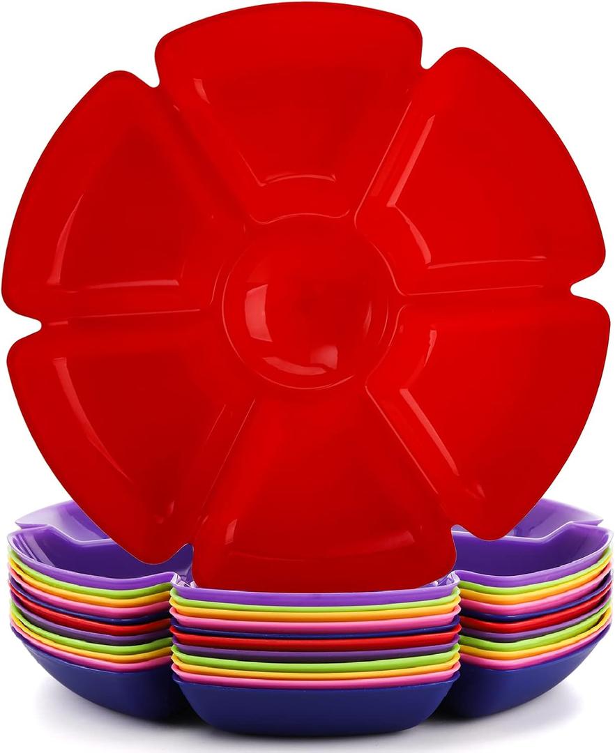 AVLA 12 Pcs Plastic Snack Serving Tray, 12 Inch Unbreakable Chip and Dip Divided Serving Plates, Round 7 Compartments Multifunctional Food Platter for Snack, Nuts, Candy, Dried Fruit, Veggies