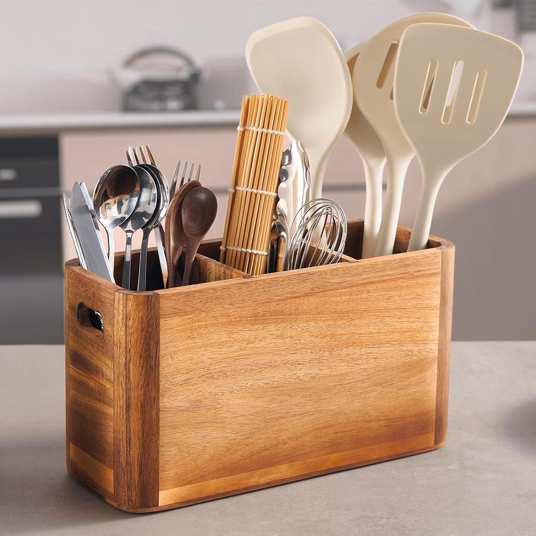 12" Wooden Kitchen Utensil Holder, Extra Large Acacia Wood Organizer for Cooking Tools, Utensils & Cutlery Storage 3-Compartment Countertop Holder