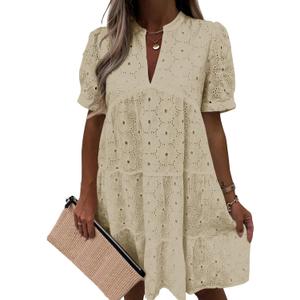 Imily Bela Women's Summer Lace Dresses Eyelet Casual Flowy Babydoll Swing Short Sleeve V Neck Tunic Dress (Beige, M)
