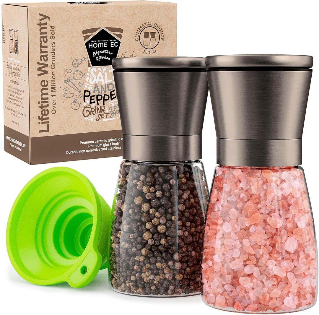 Home EC Original Gun Metal Bronze Salt and Pepper Grinder Set of 2 - Adjustable Ceramic Grinder - Glass Salt and Pepper Shakers With Funnel and Ebook - Spice Mill - Bronze Kitchen Accessories