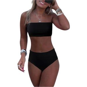 RoseSeek Women's 2 Piece Bikini Sets Ribbed Knit Bandeau Top and High Waisted Panties Summer Swimwear (Black, M)