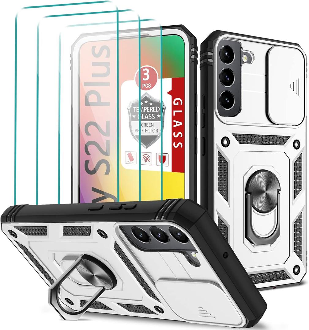For Galaxy S22 Plus 5G Case, Galaxy S22+ Case with 3 Pcs Tempered Glass Screen Protector Built in Ring Stand Kickstand + Camera Cover, Hard PC Soft TPU Defender Full Body Protective Armor Cover -White (Whinte)