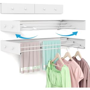 Wall Mounted Drying Rack 23.6'', Foldable Laundry Drying Rack Wall Mount with 4 Towel Hooks and 4 Rods, Space Saving Drying Rack Clothing for Indoor Outdoor Bathroom Balcony (White, 23.6'')