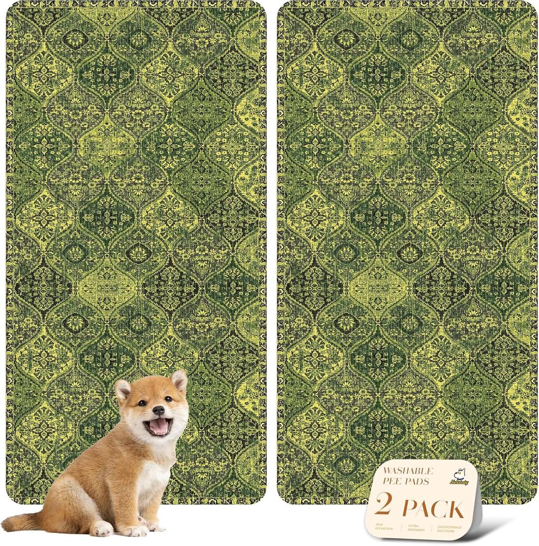 nunubaby Washable Pee Pads for Dogs, Stylish, Non-Slip and Leak-Proof Pee Pads. Reusable Potty Pads for Dogs for Crates and Floors.(Green/Multi, 24" x48" )