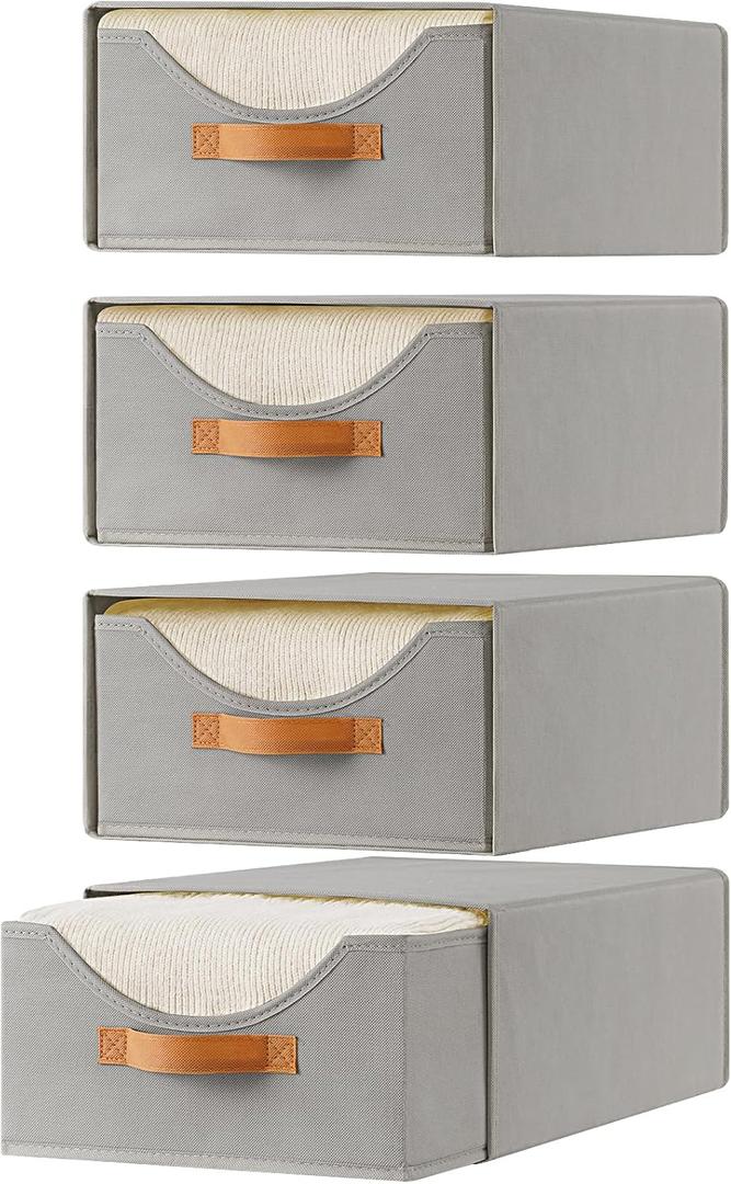 4 Pcs Closet Drawers and Large Size Clothes Storage Bins Push-Out Storage Stackable Shelf Drawers with See-Through Window Closet Organizers for Bedroom, Living Room, Under Bed, Grey