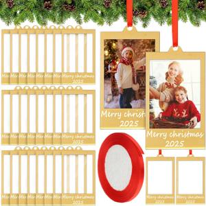24 Christmas Acrylic Picture Frames Ornaments 2025 Photo Frame 2 x 3 Inches with Satin Ribbon Double Sided Picture Ornaments for Christmas Tree (Remove The Surface Film Before Use) (Gold)