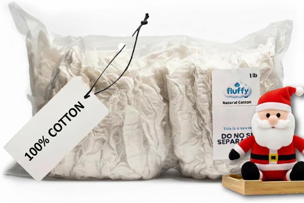 Fluffy Natural Cotton Stuffing  1 lb Bag  Soft, Fluffy & Raw Cotton Fiber Fill for Pillow Stuffing, Plush Toys, DIY Crafts & Quilts  Eco-Friendly, Unprocessed & Chemical
