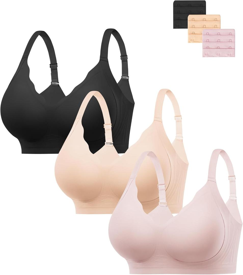 HBselect Jelly Bras for Women No Underwire 3PCS Comfort Wireless Push Up Bras Seamless Scalloped Lift Everyday Bralettes (Medium, Black/Skin/Pink)