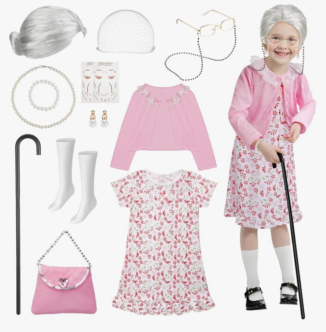 Old Lady Costume for Kids: 100 Days of School Costume for Girls 100th Day of School Granny Dress up Accessories with Wig, Glasses Wrinkle Tattoo Stickers, Cane, Jewelries, Grandma Cosplay Kit
