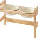 Ceramic Adjustable Raised Dog Bowls with Durable Non-Slip Bamboo Elevated for Medium Dog Food and Water Bowl Pet Feeding Dish(Double 6.9" Bowl, Cream White)