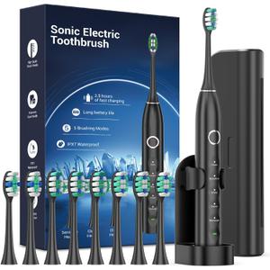 Rtauys S5 Upgraded Sonic Electric Toothbrush for Adults and Kids Ages 12+ with 8 Brush Heads, IPX7 Travel Toothbrush with Case, 2.5 Hours Charge for 120 Days, 5 Modes with Built-in Smart Timer Black (Black)