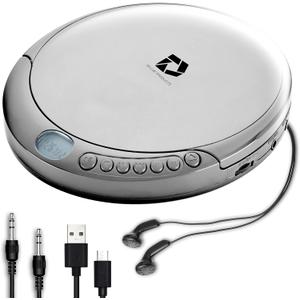Deluxe Products CD Player Portable with 60 Second Anti Skip, Stereo Earbuds, Includes Aux in Cable and AC USB Power Cable for use at Home or in Car. Silver