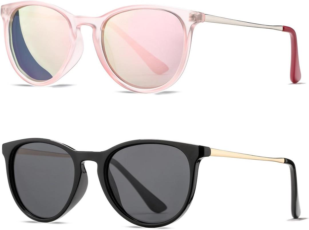HJSTES Polarized Kids Sunglasses for Girls Boys, 100% UV Protection for Children Sun Glasses, 50MM(Pink Frame/Pink Mirrored+Black Frame/Black Lens)