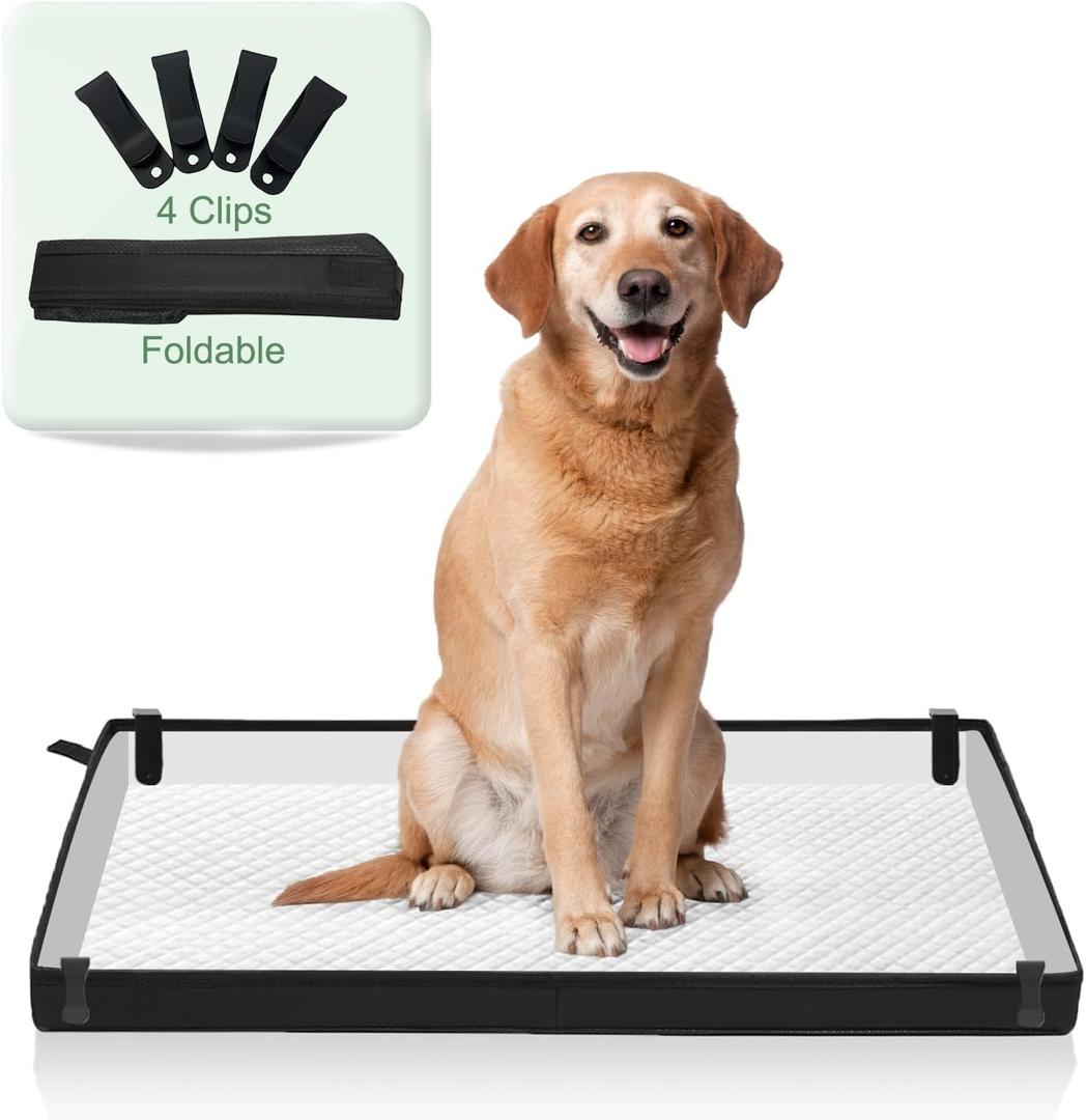 Large Portable Dog Pee Pads Holder for Travel, Puppy Pad Holder Foldable Liner Base 44''x34'' Training Pad Holder with Fixing Clips, Dog Litter Box Waterproof, Easy Clean,Indoor Potty, Black 