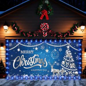 ROCKY&CHAO Christmas Garage Door Decorations, 6x13ft Blue and Silver Christmas Garage Door Cover, Garage Door Banner Christmas Garage Door Backdrop for Christmas New Year Party
