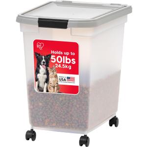 IRIS USA Airtight Dog Food Storage Container, WeatherPro, Up to 50 lbs, Removable Wheels, for Dog Cat Bird and Other Pet Food Storage Bin, Keep Fresh, Translucent Body, Made in USA, Clear/Gray