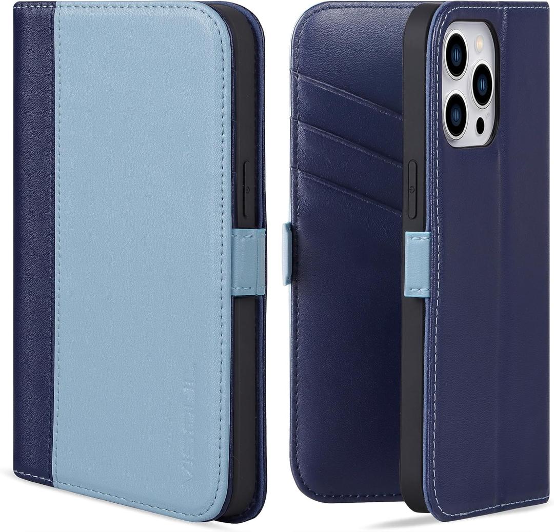VISOUL Phone Case Wallet for iPhone 15 Pro, Genuine Leather Folio Case with Card Holder Magnetic Flaps Closure Flip Cover Designed for iPhone 15 Pro(6.1-inch)(Blue+Navy Blue)