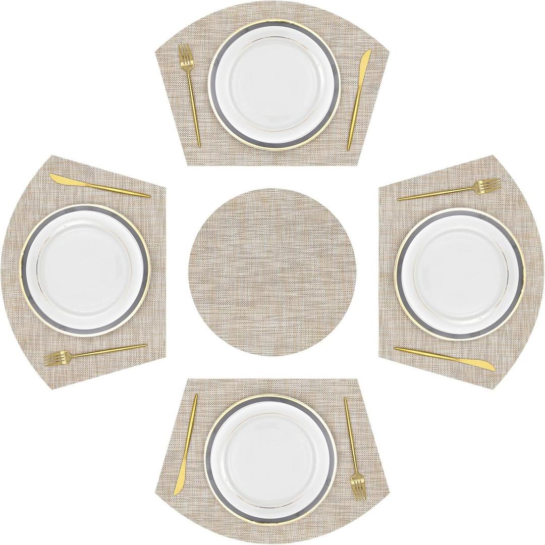 SHACOS Large Size Wedge Shape Placemats with Centerpiece Round Mat Set of 5 Round Table Place Mats Washable Dining Table Placemats Reversible, Beige (4 pcs 13.7"x19.6" Wedge+ 1 pc 14" Round)