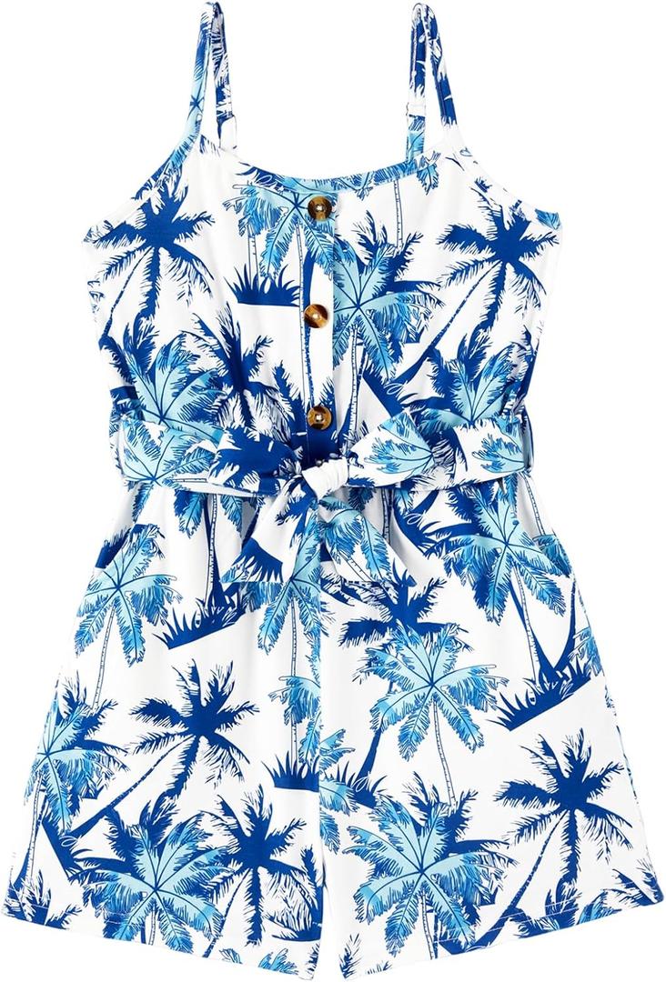 PATPAT Girls Summer Rompers with Pockets 5-14 Years Cami Spaghetti Strap Hawaiian Romper with Belt