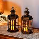 JHY DESIGN Decorative Candle Lanterns Set of 2 10" H Vintage Hanging Lanterns Metal Candleholders for Indoor Outdoor Home Parities and Weddings (Black with Gold Brush)