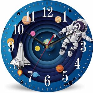 Mxocom Spaceman Flying Wall Clock Cartoon Astronaut Floating Space Rocket Planet 10 Inch Silent Non Ticking Battery Operated Clock Vintage Round Clock for Living Room Bedroom Bathroom Office Decor