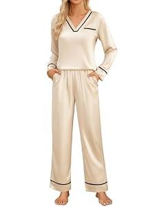 Blooming Jelly Womens Pajamas Set 2 Piece Lounge Set Satin Cute Pj Silk Christmas Pajamas Fall Sleepwear (L, Beige)