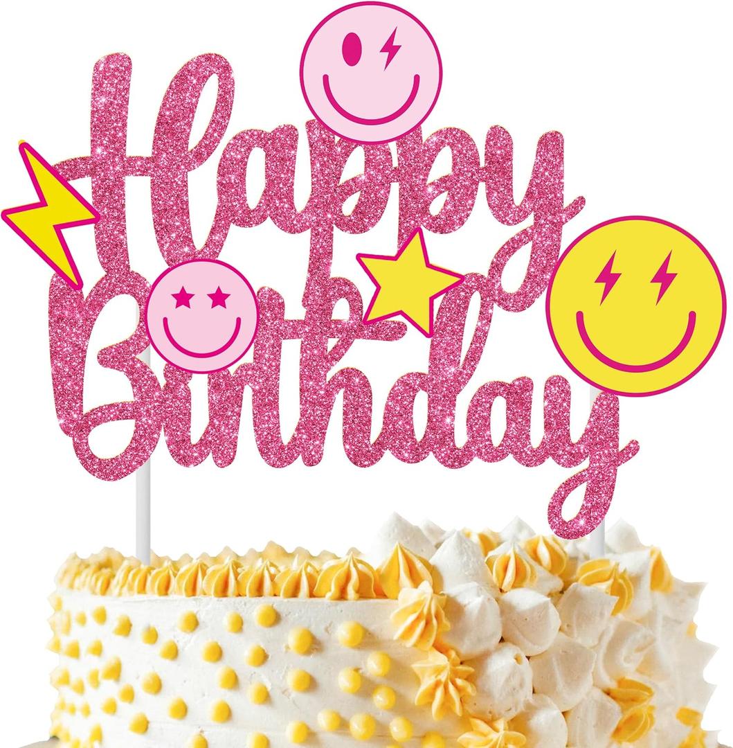 Smile Face Party Cake Topper - Preppy Birthday Decoration - Rose Red Smile Face Happy Birthday Cake Pick - Girls Themed Bachelorette Party Supplies
