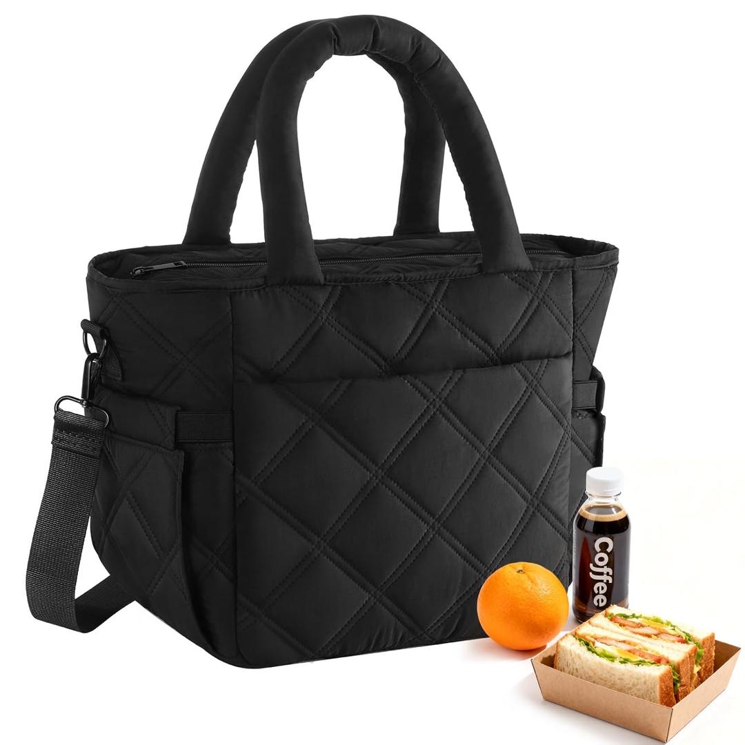 Afuosy Insulated Lunch Box for Women Men, Soft & Puffy Lunch Bag, Large Capacity Leakproof Reusable Tote Cooler Bag with 4 Pockets, Adjustable Strap, Ideal for Work, Outdoors (Black), Gifts for Mom
