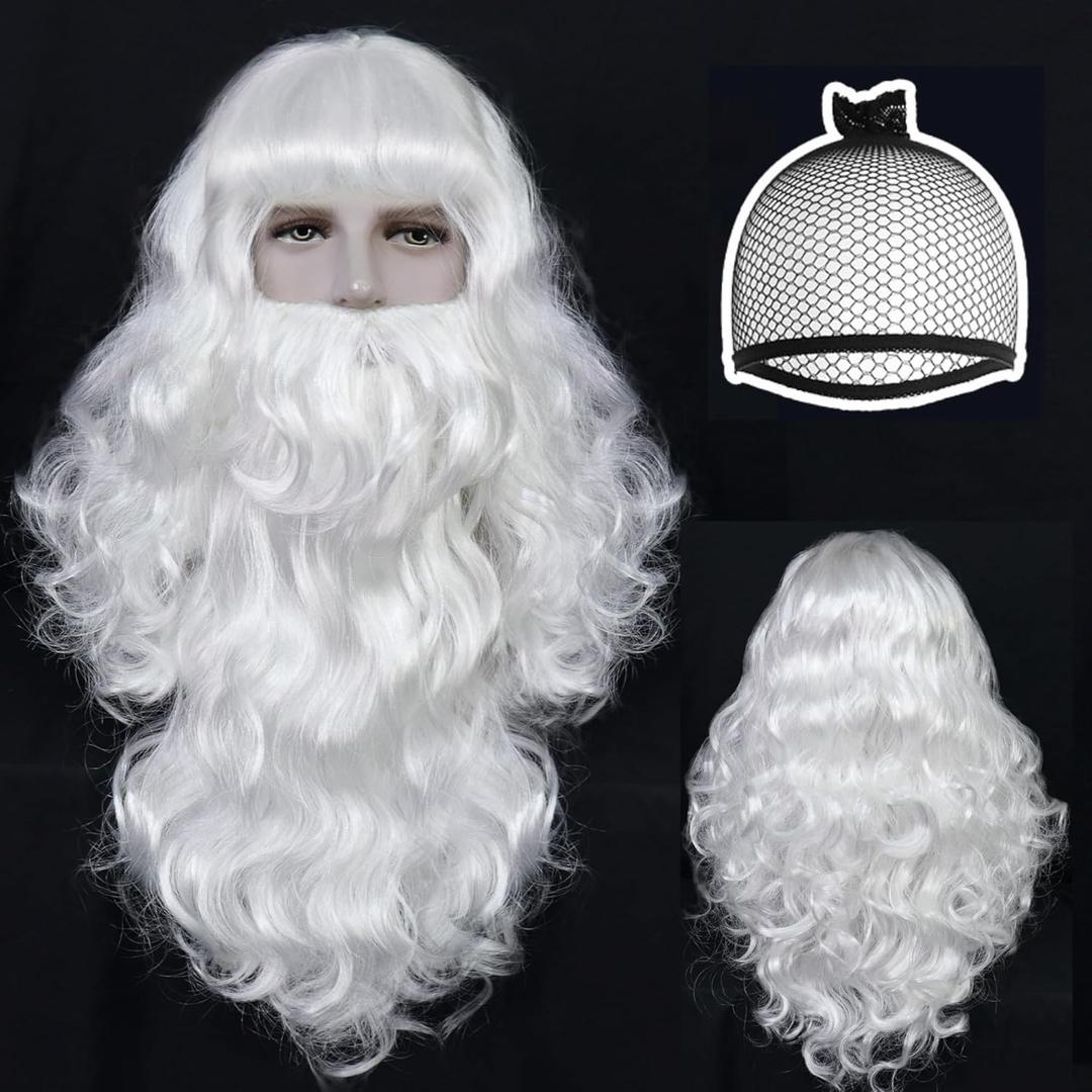 ANOGOL Wig Cap+ Santa Claus Cosplay Silver Wig With Beard and Synthetic Hair Set for Christmas Outfit, Costume, Mens White Halloween Party