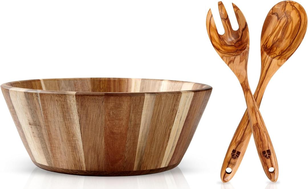 Wooden Salad Bowl, 12" Round With 12" Olive Wood Salad Tongs  Perfect For Serving  Handmade, Durable & Stylish Natural Wood Dining Accessory by Woodenhouse