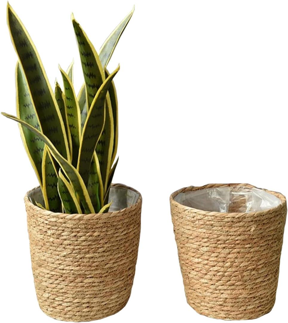 2PCS Plant Basket Indoor with Plastic Liner Water Hyacinth Woven Planters Flower Baskets Holder Liners Home Decor