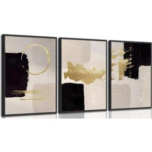 3Pcs Black and White Abstract Canvas Wall Art, Minimalist Black Beige Gold Paintings Pictures Wall Decor, Modern Posters Prints Artwork, for Living Room Bedroom Office Decoration, 12x16in (16L"x12W")