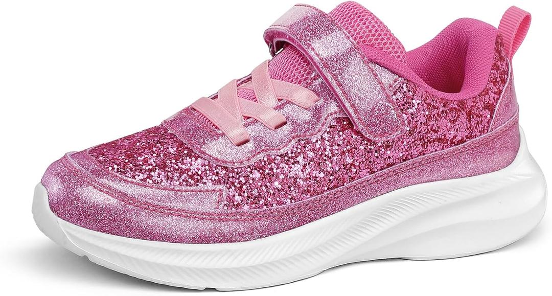 RUNSIDE Girls Glitter Sneakers Lightweight Kids Sparkle Tennis Shoes with Hook and Loop for Toddler/Little Kid/Big Kid (Hot Pink Glitter)