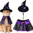 Halloween Cat Witch Costume  Adjustable Black & Purple Witch Cloak with Pumpkin Ornament and Wizard Hat  Perfect Halloween Outfit for Medium and Large Cats