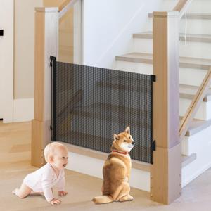 Retractable Baby Gate, Pet Gate for Stairs, Mesh Dog Gate for Doorways, Safety Locking Gates for Baby Indoor, Stair Gate for Outdoor, Hallways, Doorways (Black, 55 inch)
