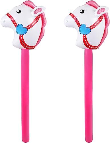 TOSAMZOO 2 Inflatable Horse Heads - Funny Stick Horse Toys for Kids' Birthday Parties (37 Inch Pink)