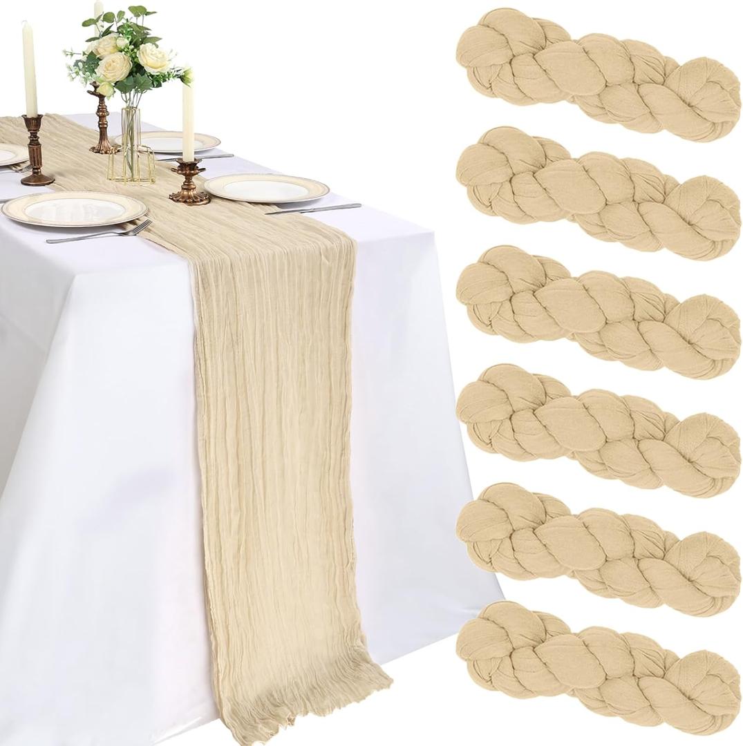 6 x 6 Pack 10FT Beige Cheesecloth Table Runner 120 Inch Long Gauze Rustic Boho Spring Cheese Cloth Table Runner Sheer Fabric Decorations for Holiday Party Wedding Banquet Bridal Baby Shower Dcor