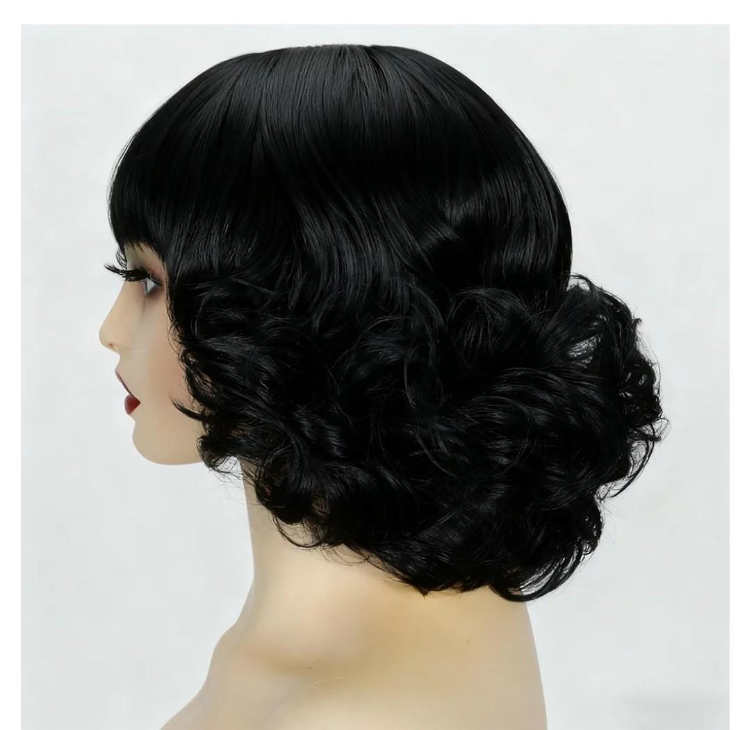 Black Short Bob Wig with Bangs for Women Synthetic Curly Natural Hair Wigs for Costume Cosplay Daily Use (Black)
