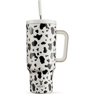 Meoky 40 oz Tumbler with Handle and Straw, Tumbler with Lid and Straw, Insulated Stainless Steel Travel Mug, 100% Leak-proof, Keeps Cold for 34 Hours or Hot for 10 Hours (Cow)