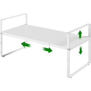 Expandable Cabinet Organizer Shelf, Adjustable Height Organizer Riser for Kitchen Cabinet Spice Rack Locker Pantry Cupboard Under Sink Countertop Desk Organization Metal Stackable Shelves (16.5"-27" L x 8" W x 9.6" H, White-1pack)