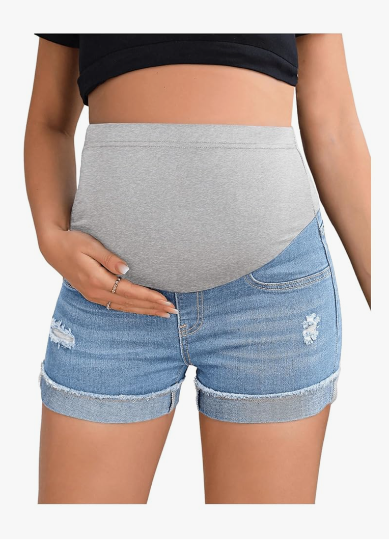 Women's Maternity Adjustable High Waist Ripped Roll Up Hem Denim Mini Shorts with Pocket, Medium