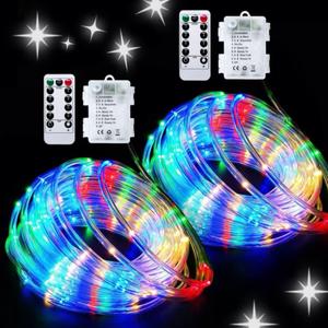 JMEXSUSS 2 Pack Battery Operated String Lights Outdoor, Total 200 LED 8 Modes Battery Powered Rope Lights with Remote &Timer, Christmas Light for Car Trampoline Tree Camping Garden Decor (Multicolor)