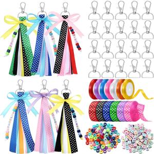 Zeyune 233 Pcs 20 Set DIY Bead Keychain Making Kits Bag Charm Beads Making Craft Ribbon Bow Key Chain Letter Alphabet Keychain Jewelry Accessories for Mothers Day Gifts Jewelry Make Party Favor (Multicolor)
