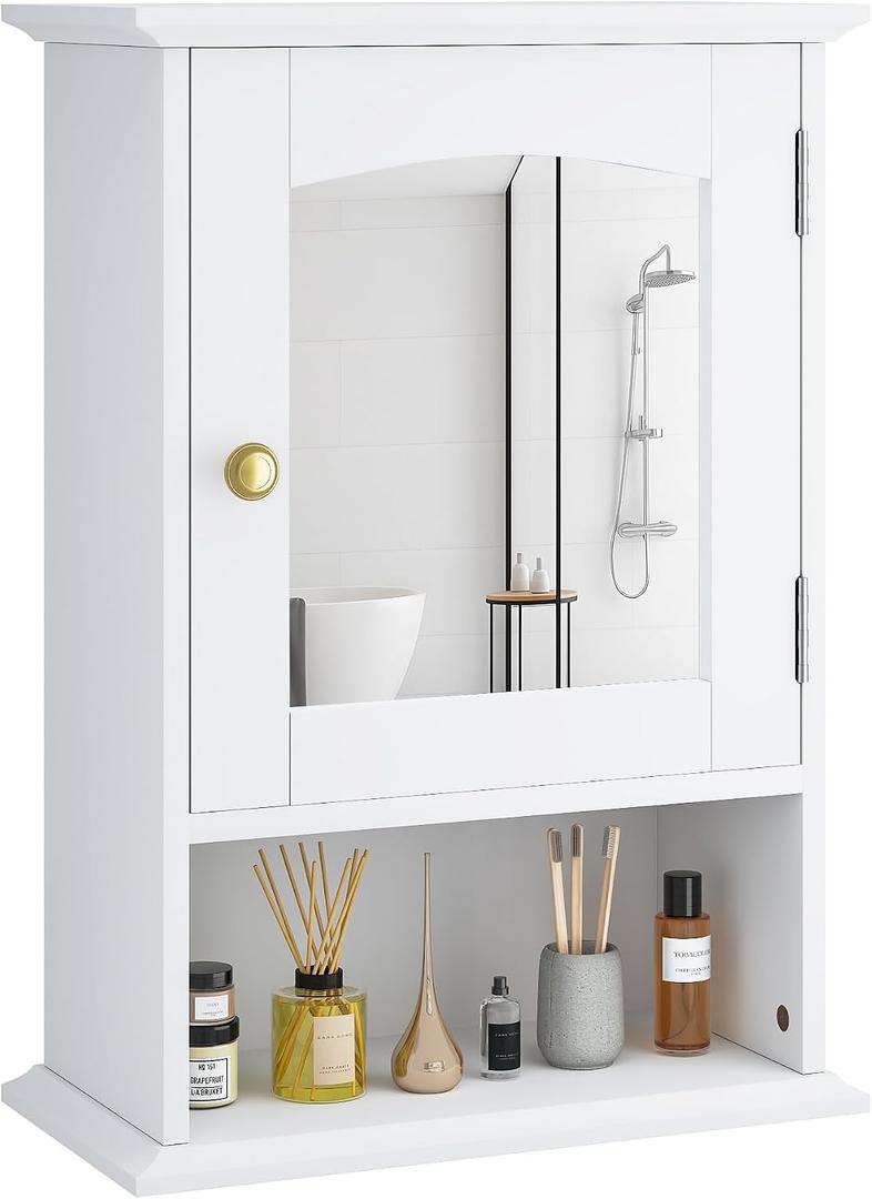 VECELO Bathroom Wall Cabinet with Mirror, Small Medicine Cabinets with Door, Wood Adjustable Shelf, 14.7 x 19.8 x 7.1 Inches, White