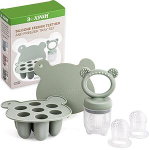 Silicone Baby Fruit Food Feeder & Mini Freezer Nibble Tray, Breastmilk Popsicle Molds for Baby Teething Relief, BPA Free Silicone Teething Toys Feeder for Safe Infant Self Feeding, Extra Food Pouches (Sage)