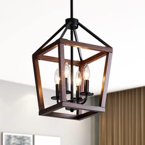 Farmhouse orb Metal Chandelier4-Light Vintage Handmade Rustic Wood Pendant Hanging Light Fixture for Kitchen Island Dining Room Living Room Bedroom Foyer Hallway (Dark Brown)