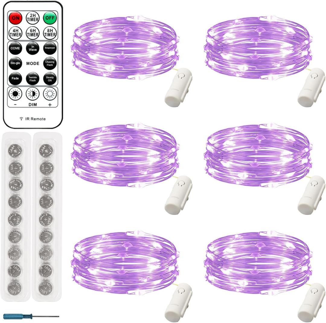 6 Pack Fairy Lights Battery Operated with Remote, 8 Modes & 4 Timers, 7ft 20 LED Mini String Twinkle Lights, Purple Waterproof Firefly Lights for Mason Jars Wedding Party Table Decor(Purple)