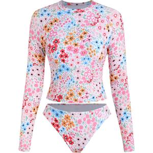 ZAFUL Womens Rash Guard Swimsuits Long Sleeve Sun Protection Bathing Suit Tropical Swim Shirts with Briefs Pink M