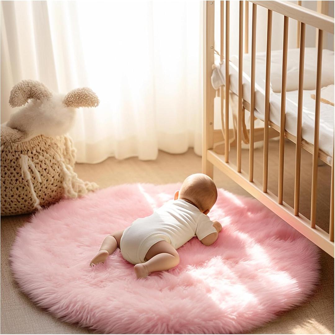Ashler Faux Fur Rug, Pink Fluffy Shaggy Area Rug, Soft 3x3 Ft Round Sheepskin, Fuzzy Machine Washable Carpet, Nursery Rug for Kids Bedroom, Living Room