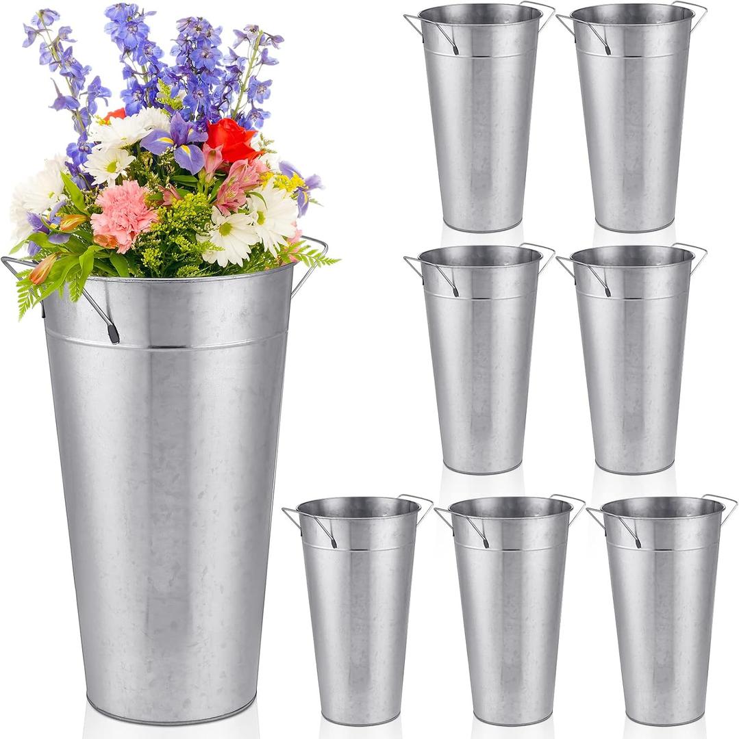 Zubebe 8 Pcs 13.8 Inch Galvanized Flower Bucket Metal Vases for Flowers Farmhouse Rustic French Flower Bucket with Handle for Wedding Centerpieces Vintage Home Dry Floral Table Decor (Silver)